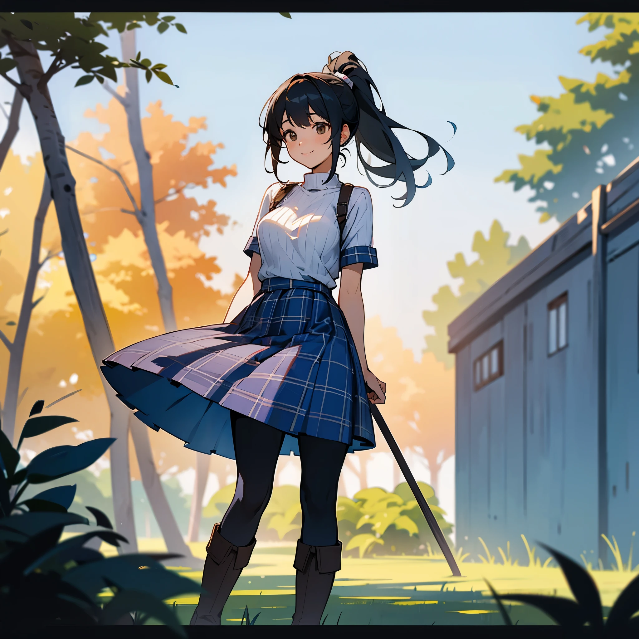 (high quality, High resolution, Very detailed, reality:1.37), Peaceful atmosphere, (Outdoor, garden), Teenage girl standing alone, (my breasts are big.), Beautiful details, Cute Smile, (Black hair ponytail), Short sleeve ribbed sweater, Blue plaid skirt, black tights, Brown boots.
