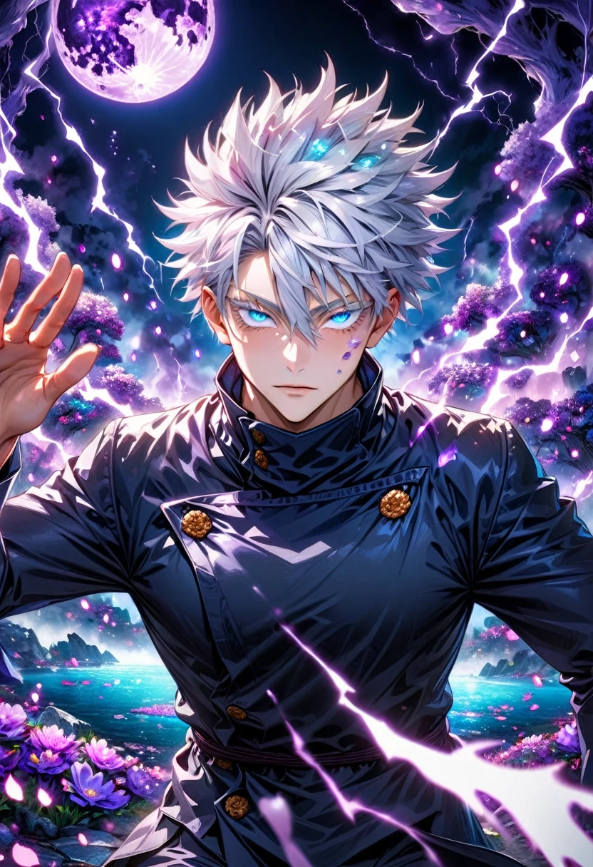 Ultra detailed, highres, absurdres, HDR, master piece, Gojo Satoru, white hair with bangs, expressive blue eyes, white eyelashes, hair between the eyes, Jujutsu Kaisen, fantasy, petals, purple flowers, handsome, sexy man, solo, magic, purple fireflies, purple moon, best quality, extremely detailed face and eyes, purple lightning, black clothes