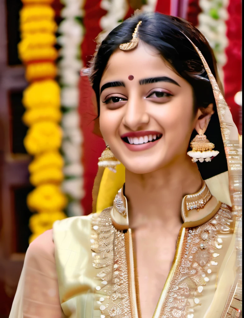 hires headshot photo of ananya pandey woman, studio quality, looking straight at viewer, detailed ethnic dress with high collar, laughing, background bokeh