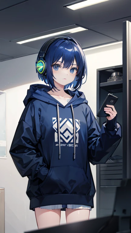 Man, dark blue hair,wear gaming headphones, wearing a dark blue hoodie,hold your phone and play games.