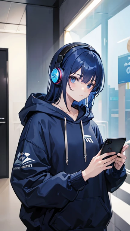 Man, dark blue hair,wear gaming headphones, wearing a dark blue hoodie,hold your phone and play games.