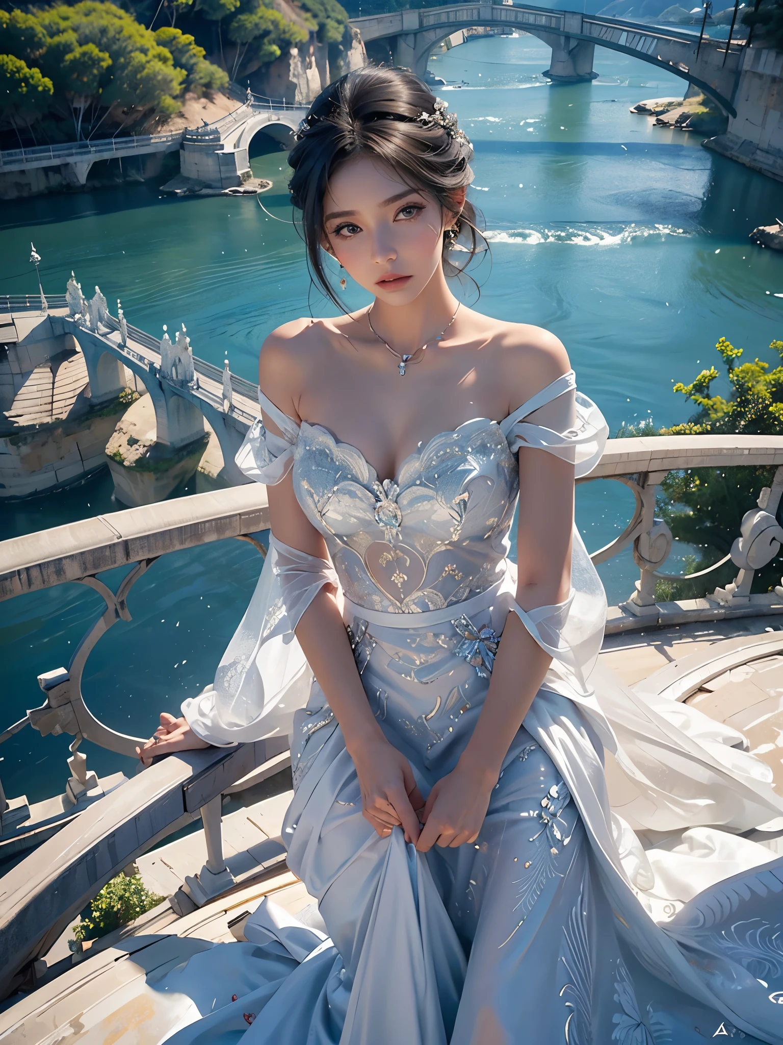 a girl in a long dress, cabelo preto longo, olhos perfeitos, rosto perfeito, ultra detalhado, olhos verdes, bushy eyelashes, delineador, sombra, numa floresta com um lago lindo 8k, paisagem bem realista.