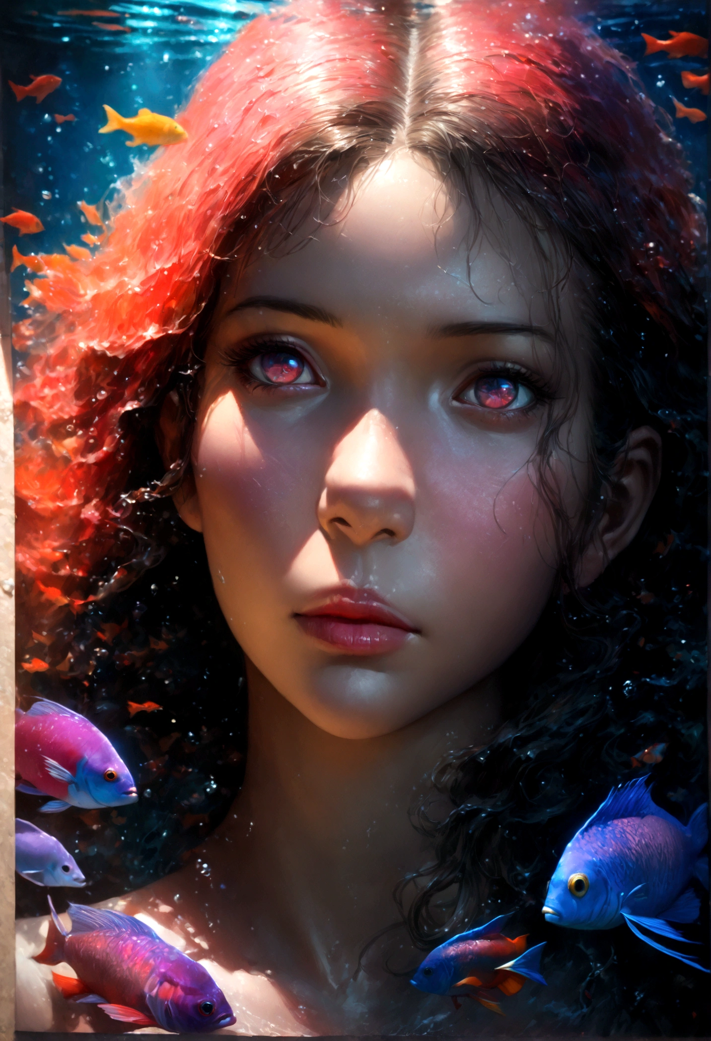 a girl swimming in the ocean, beautiful detailed eyes, beautiful detailed lips, extremely detailed eyes and face, longeyelashes, surreal ocean waves, soft sunlight, colorful tropical fish, vibrant coral reef, underwater seascape, ultra-detailed, (best quality,4k,8k,highres,masterpiece:1.2),ultra-detailed,(realistic,photorealistic,photo-realistic:1.37),HDR,UHD,studio lighting,ultra-fine painting,sharp focus,physically-based rendering,extreme detail description,professional,vivid colors,bokeh,fantasy,magical realism