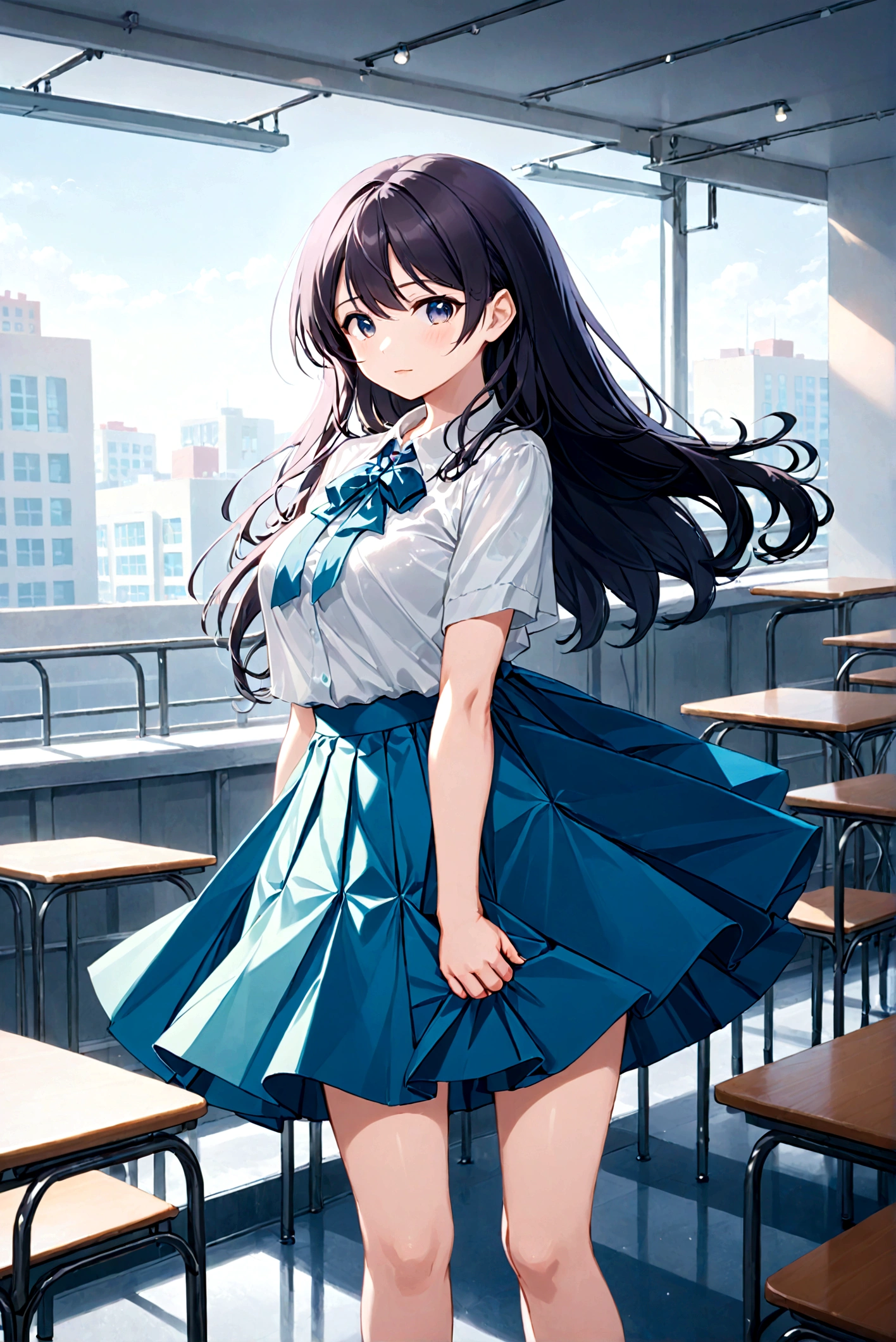 Low - Angle、Long skirt、強WindでHolding the flipping skirt with your hand、強WindでWhite cotton pantiesが見えている、:((Holding the flipping skirt with your hand))Low - Angle8Kで、highest quality、masterpiece、Ultra-detailed、Ultra-high resolution、Anime Style、1. High school girl、強Wind、((Holding the flipping skirt with your hand))、(impatient)White cotton panties:1.5), (Wind:1.25), (highest quality:1.0), (masterpiece:1.0), (Ultra-fine illustrations:1.0), ネイビーブルーのLong skirt、
、Lined、