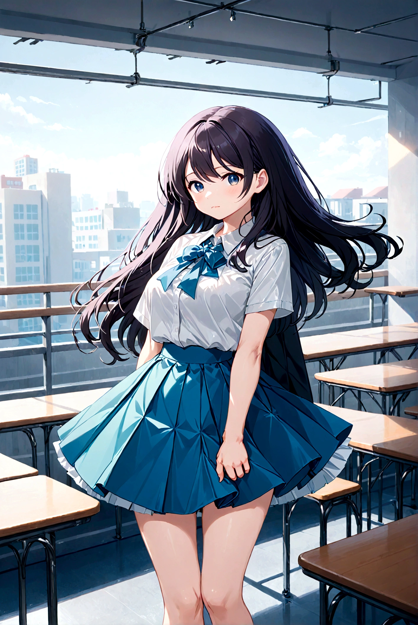 Low - Angle、Long skirt、強WindでHolding the flipping skirt with your hand、強WindでWhite cotton pantiesが見えている、:((Holding the flipping skirt with your hand))Low - Angle8Kで、highest quality、masterpiece、Ultra-detailed、Ultra-high resolution、Anime Style、1. High school girl、強Wind、((Holding the flipping skirt with your hand))、(impatient)White cotton panties:1.5), (Wind:1.25), (highest quality:1.0), (masterpiece:1.0), (Ultra-fine illustrations:1.0), ネイビーブルーのLong skirt、
、Lined、