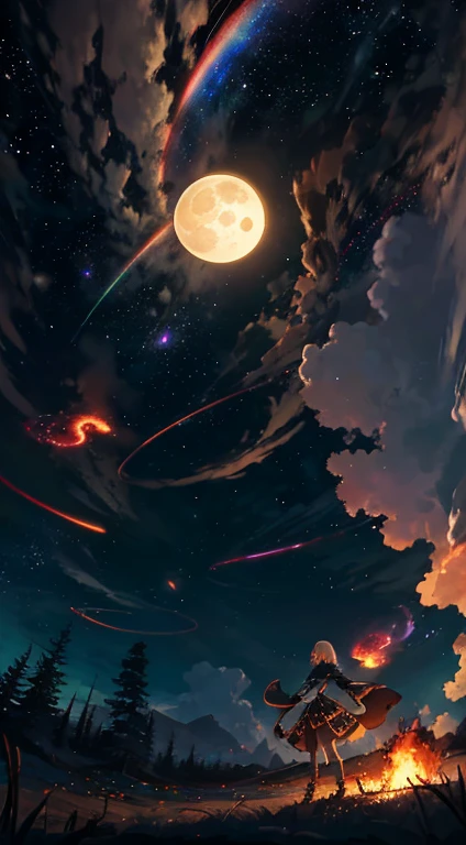 Vast landscape photography, (View from below, There is a sky above、Below is a wide field), A girl standing in a flower field looking up, (full moon: 1.2), (meteor: 0.9), (nebula: 1.3), Distant Mountain々 , wood々destroys art, (Warm Light: 1.2), (fire Fly: 1.2), Light, Lots of purple and orange, Intricate details, Volumetric lighting, Realism Break (masterpiece: 1.2), (highest quality), 4K, Super detailed, (Dynamic configuration: 1.4), Very detailed, Colorful details, (Rainbow-colored: 1.2), (Glow Lighting, Atmospheric lighting), dream-like, Magic, (alone: 1.2)