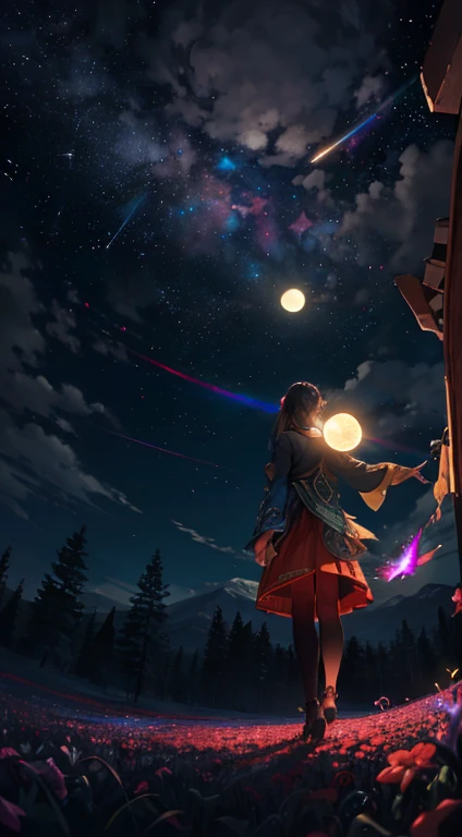 Vast landscape photography, (View from below, There is a sky above、Below is a wide field), A girl standing in a flower field looking up, (full moon: 1.2), (meteor: 0.9), (nebula: 1.3), Distant Mountain々 , wood々destroys art, (Warm Light: 1.2), (fire Fly: 1.2), Light, Lots of purple and orange, Intricate details, Volumetric lighting, Realism Break (masterpiece: 1.2), (highest quality), 4K, Super detailed, (Dynamic configuration: 1.4), Very detailed, Colorful details, (Rainbow-colored: 1.2), (Glow Lighting, Atmospheric lighting), dream-like, Magic, (alone: 1.2)