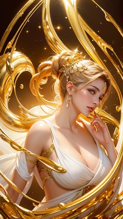 a digital painting of a beautiful Greek goddess in white robe dress and  surround in spiral of splashing liquid gold , a hyperrealistic painting, figurative art, in gold paint, gold liquid, character is surround in liquid, fantasy art ,elegance pose, medium closeup shot, lighting clear and soft effect , white background