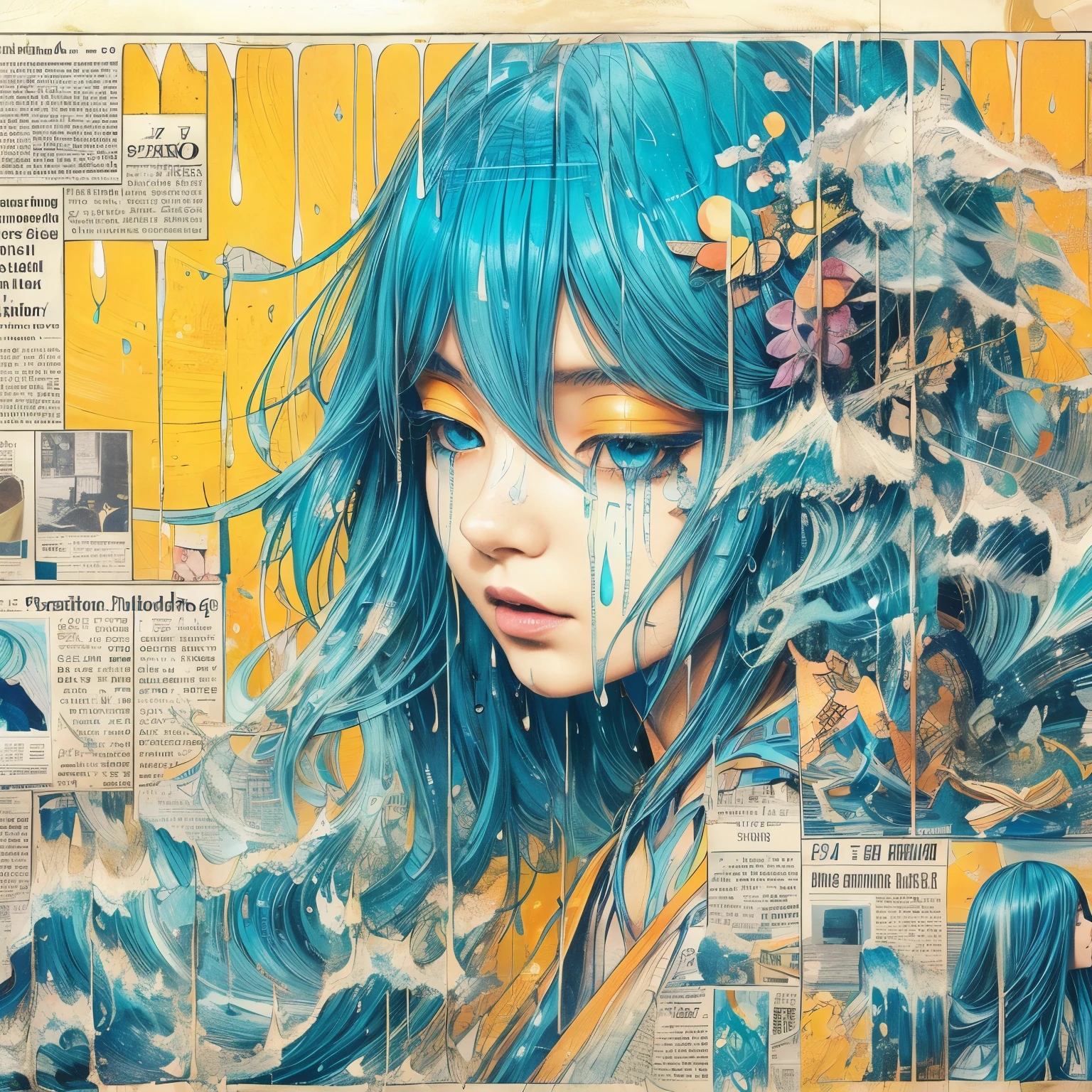 Newspaper collage, magazine collage, illustration of a girl with blue hair, art print, in the style of dark yellow and light azure, water drops, bold manga lines, the stars art group (xing xing) , i can't believe how beautiful this is, dark yellow and orange, hyper-detailed --ar 71:98 --stylize 750 --v 6