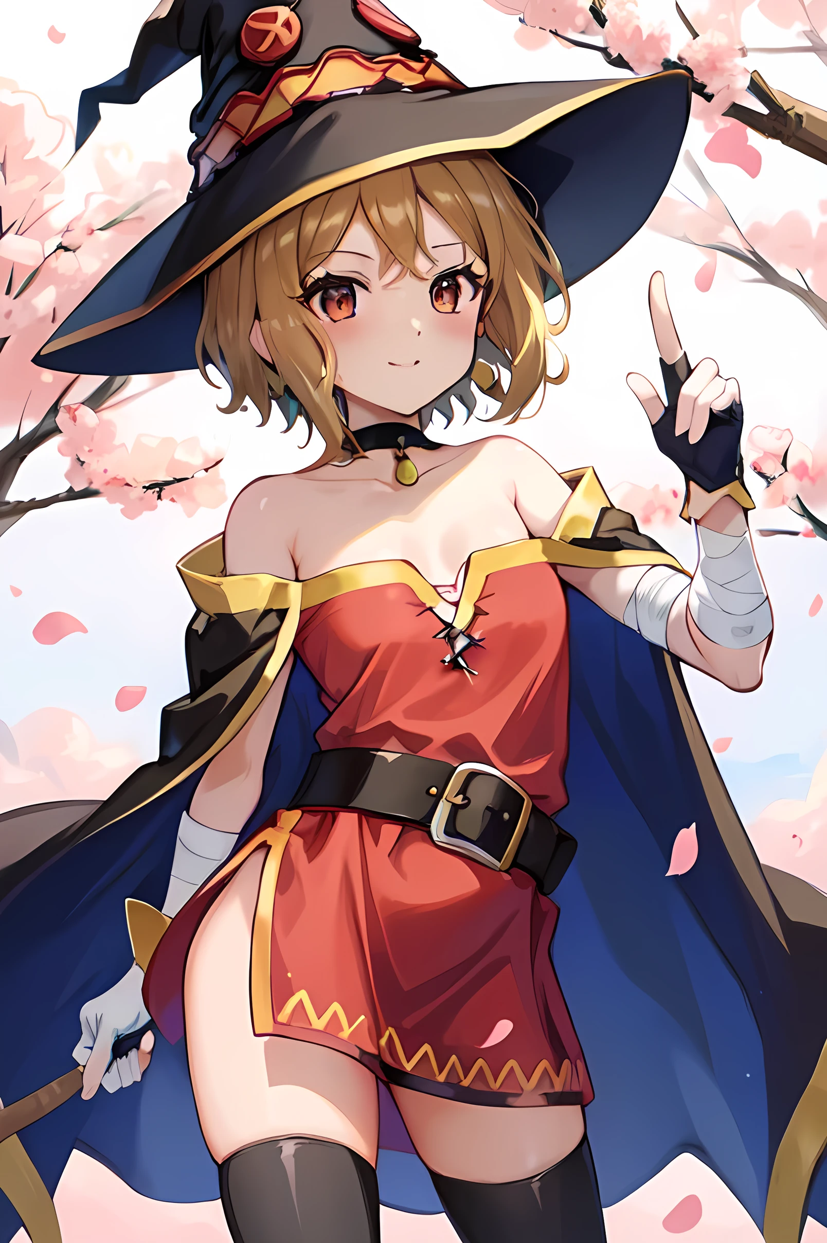 (obra maestra, mejor calidad), detalles intrincados,
1 chica, , Bandages,n, Fingerless Gloves, Mini-dress, Witch Hat, pose sexy, dynamic angle, obra maestra, de primera calidad, de pie, (borgar: 1.1), nubes, background of a japanese cherry garden, petals in the air. alta calidad, mirando al espectador, sonrisa, style megumin, collarbone, outdoors, parted lips, sky, choker, black gloves, belt, black thighhighs, fingerless gloves, off shoulder, cape, collar, witch hat, bandages, red dress, black belt, off-shoulder dress, sonrisa