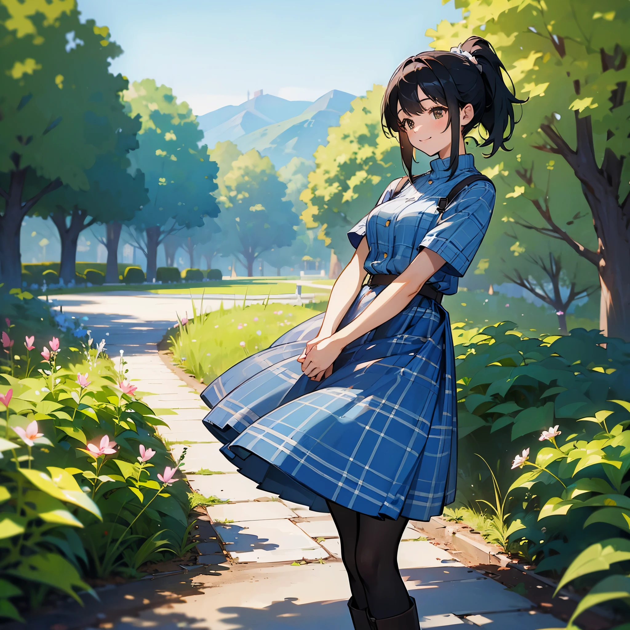 (high quality, High resolution, Very detailed, reality:1.37), Peaceful atmosphere, (Outdoor, garden), age girl standing alone, (my breasts are big.), Beautiful details, Cute Smile, (Black hair ponytail), Short sleeve ribbed sweater, Blue plaid skirt, Black tights, Brown boots.