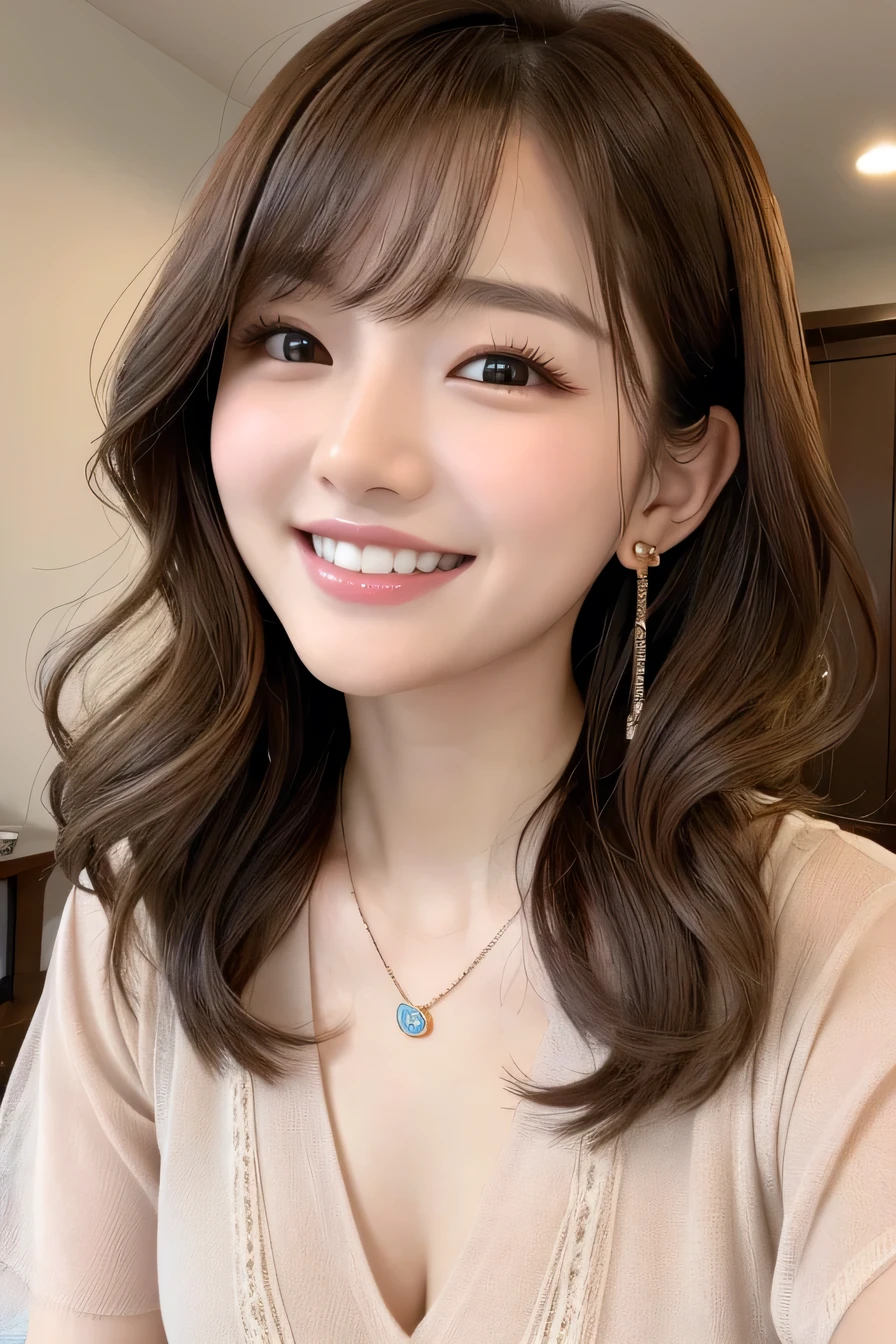 young woman、 Korean women、Light brown hair、Wavy Hair、short hair、ear piercing、Necklace around the neck、blouse、smile, Beautiful teeth alignment、Intricate details, Very detailed:1.2), 、 Looking into the camera,The background is in the room
