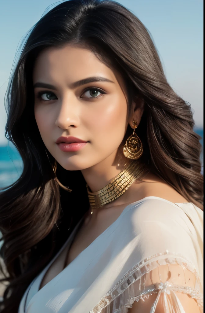 full portrait of A confident-looking indian woman with long flowing hair, hazel eyes, with flowing cape and white silk saree, wearing designer jewellery, tight , sitting on boat, ocean background, bokeh, perfect composition, hyperrealistic, super detailed, 8k, high quality, trending art, trending on artstation, sharp focus, outdoor photo shoot, intricate details, highly detailed, art by greg rutkowski