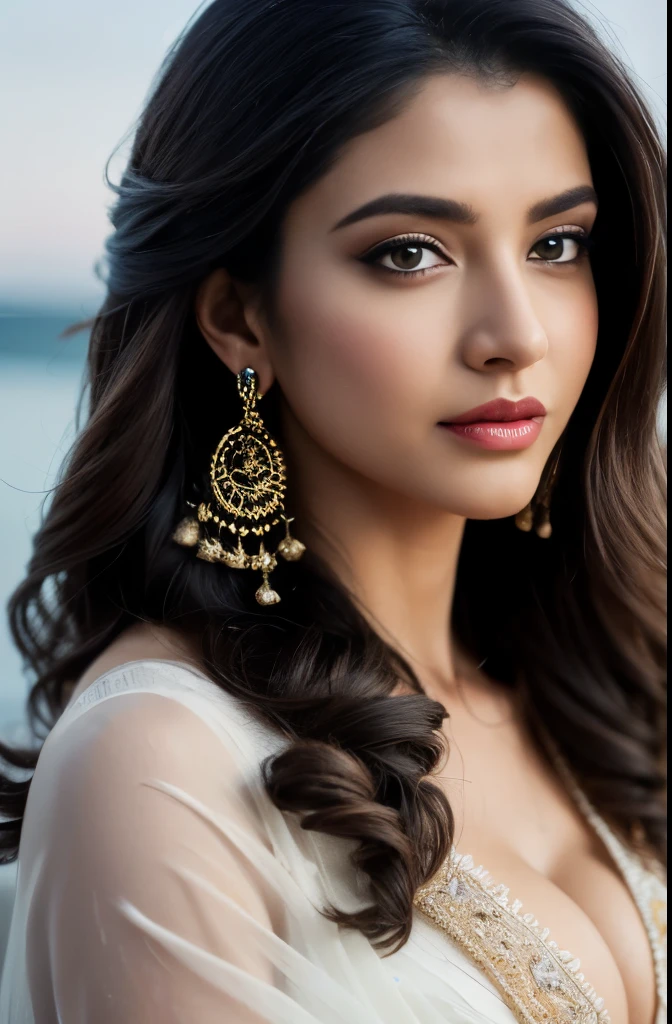 full portrait of A confident-looking indian woman with long flowing hair, hazel eyes, with flowing cape and white silk saree, wearing designer jewellery, tight breast, sitting on boat, ocean background, bokeh, perfect composition, hyperrealistic, super detailed, 8k, high quality, trending art, trending on artstation, sharp focus, outdoor photo shoot, intricate details, highly detailed, art by greg rutkowski