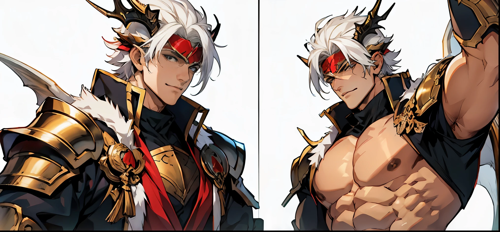 muscular , men , white hair , right arms dragon , dragon wings , beige skin , knight , masked face