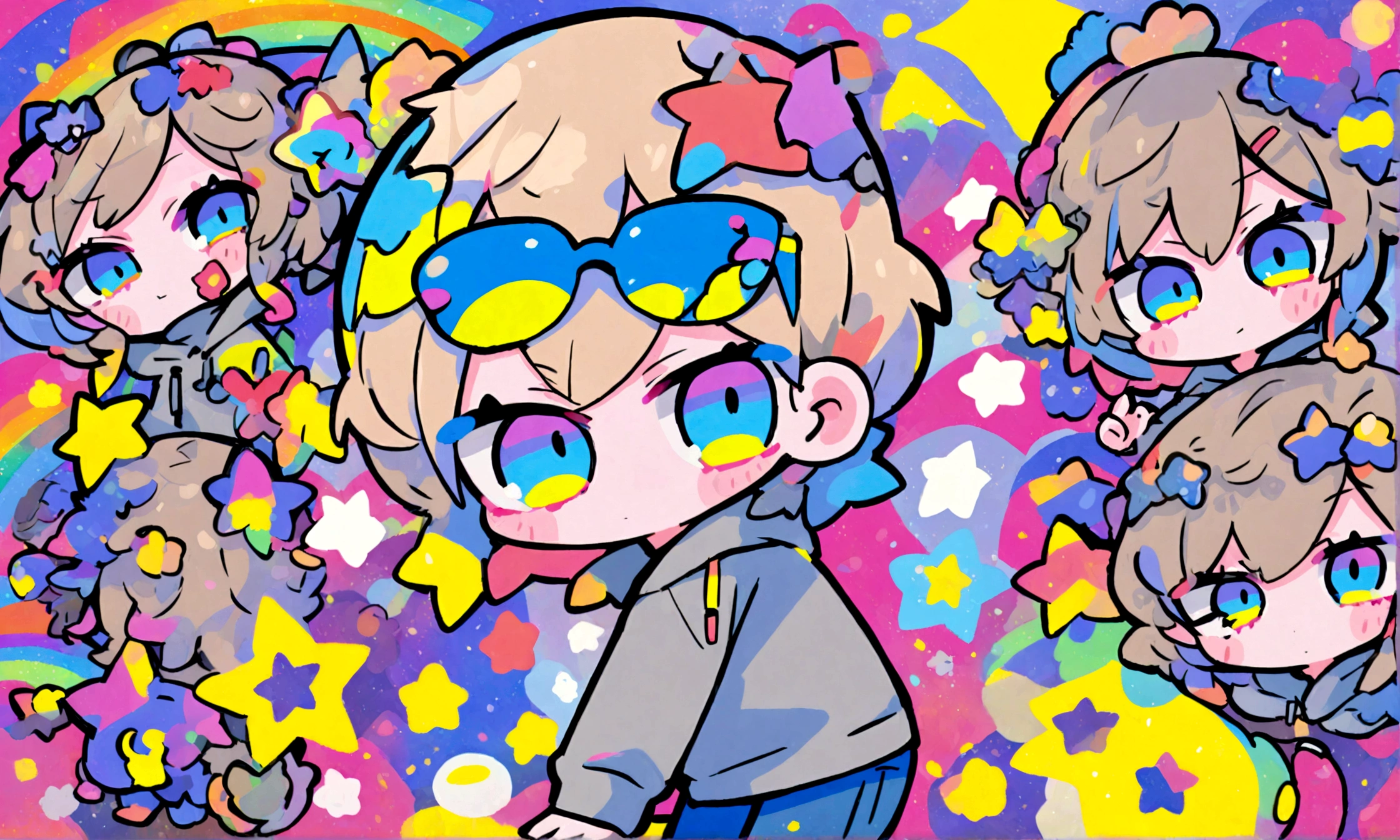 a cute chibi style adult female with light brown short hair, wearing a grey hoodie with a rainbow on it and jeans, wearing glasses, has a very colorful star laden backround with mutiple blue shades of hombre colors