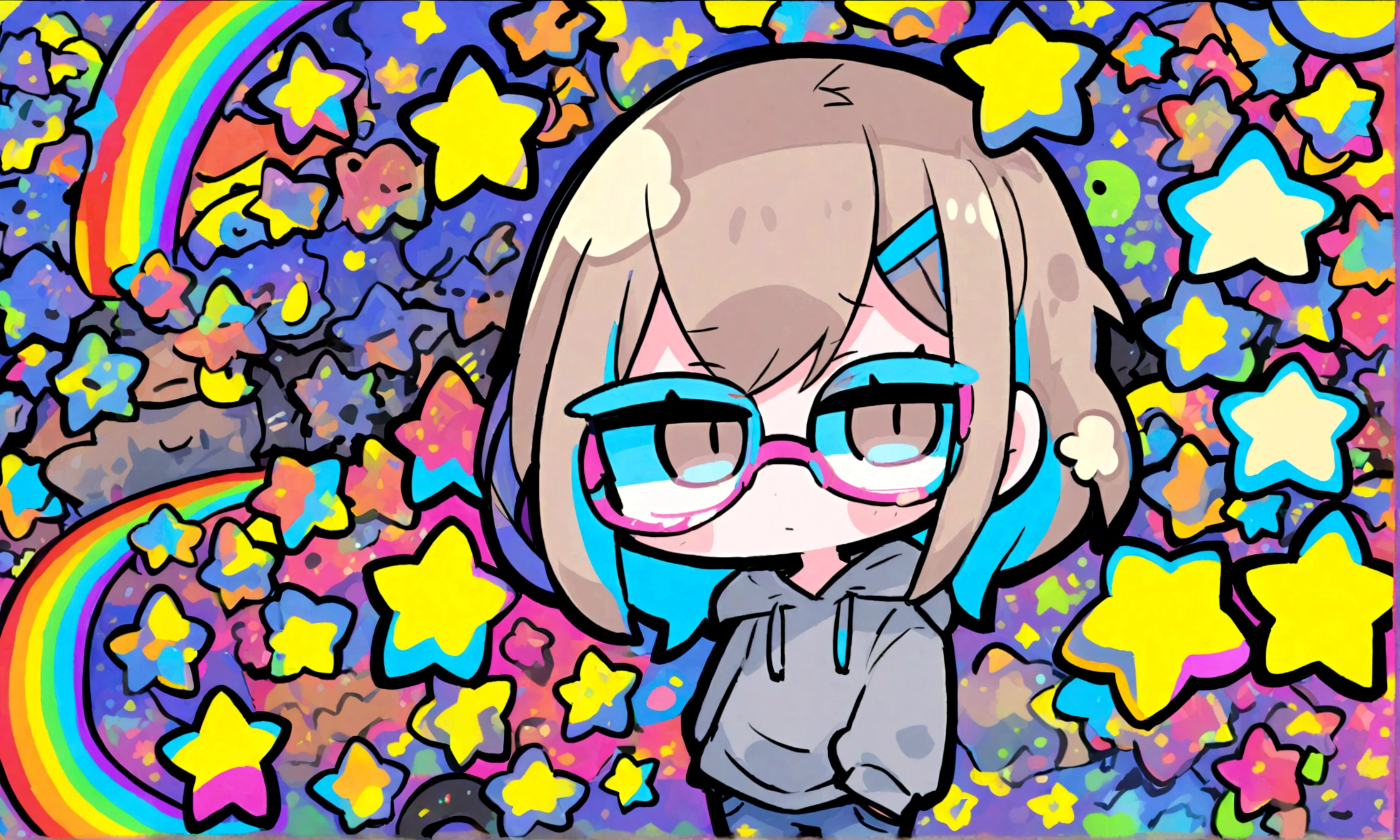 a cute chibi style adult female with light brown short hair, wearing a grey hoodie with a rainbow on it and jeans, wearing glasses, has a very colorful star laden backround with mutiple blue shades of hombre colors
