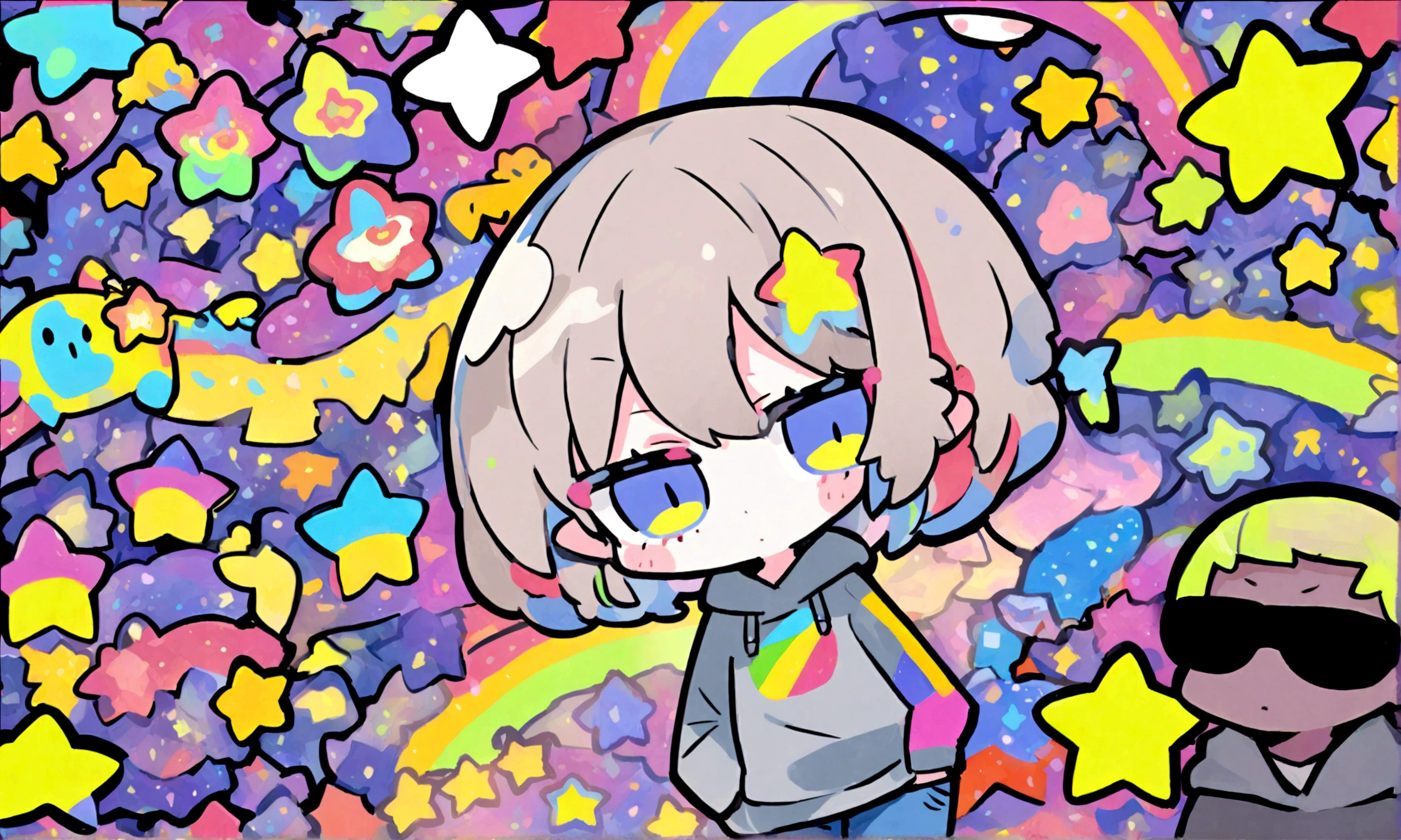 a cute chibi style adult female with light brown short hair, wearing a grey hoodie with a rainbow on it and jeans, wearing glasses, has a very colorful star laden backround with mutiple blue shades of hombre colors