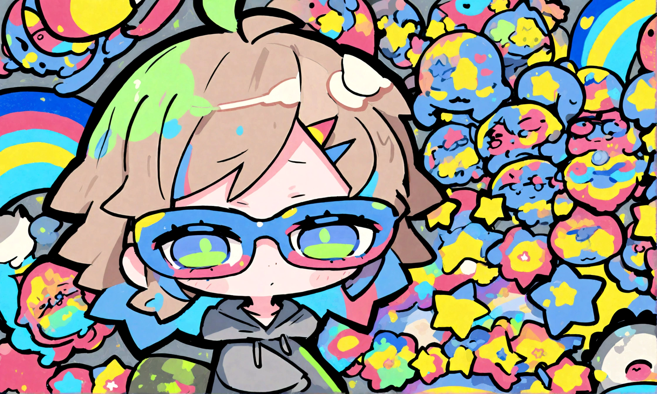 a cute chibi style adult female with light brown short hair, wearing a grey hoodie with a rainbow on it and jeans, wearing glasses, has a very colorful star laden backround with mutiple blue shades of hombre colors