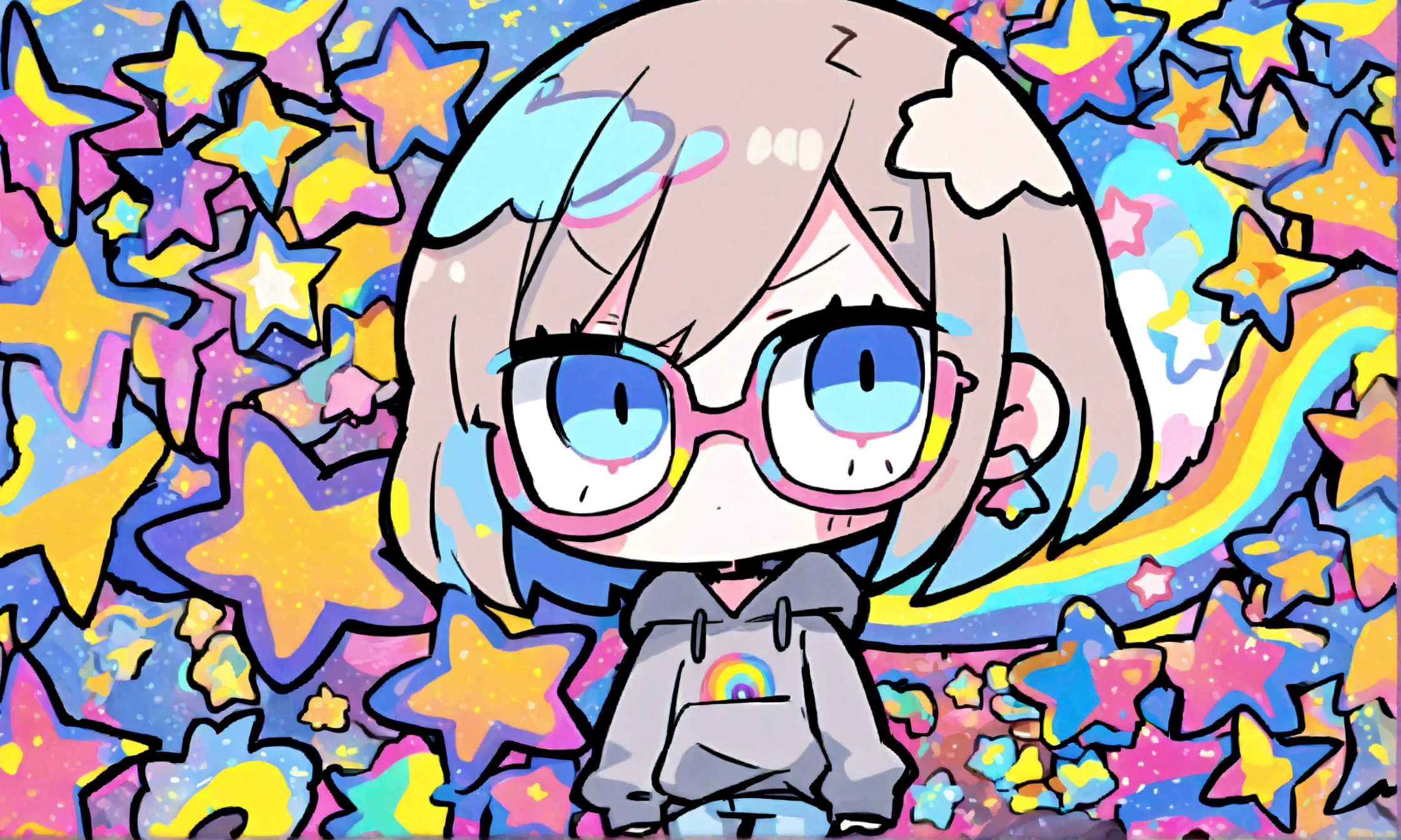 a cute chibi style adult female with light brown short hair, wearing a grey hoodie with a rainbow on it and jeans, wearing glasses, has a very colorful star laden backround with mutiple blue shades of hombre colors