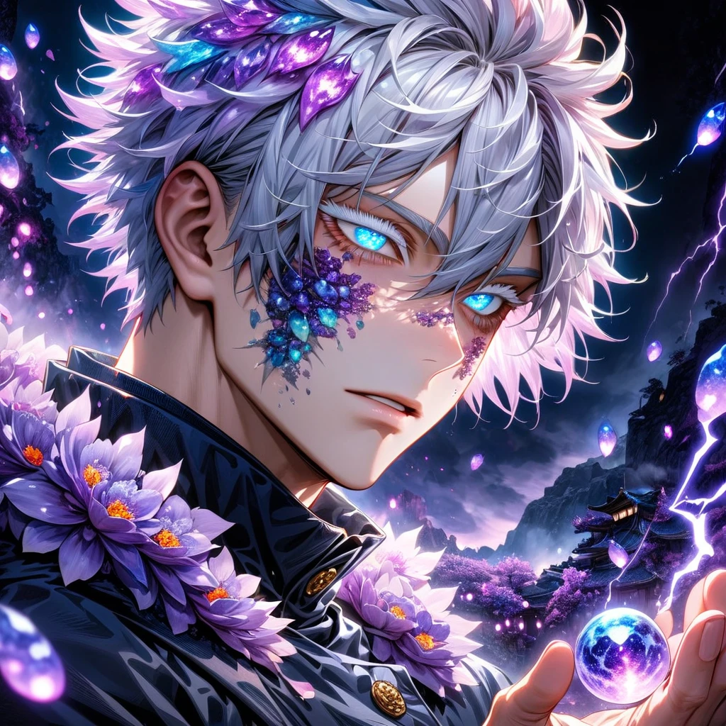Ultra detailed, highres, absurdres, HDR, master piece, Gojo Satoru, white hair with bangs, expressive blue eyes, white eyelashes, hair between the eyes, Jujutsu Kaisen, fantasy, petals, purple flowers, handsome, sexy man, solo, magic, purple fireflies, purple moon, best quality, extremely detailed face and eyes, purple lightning,