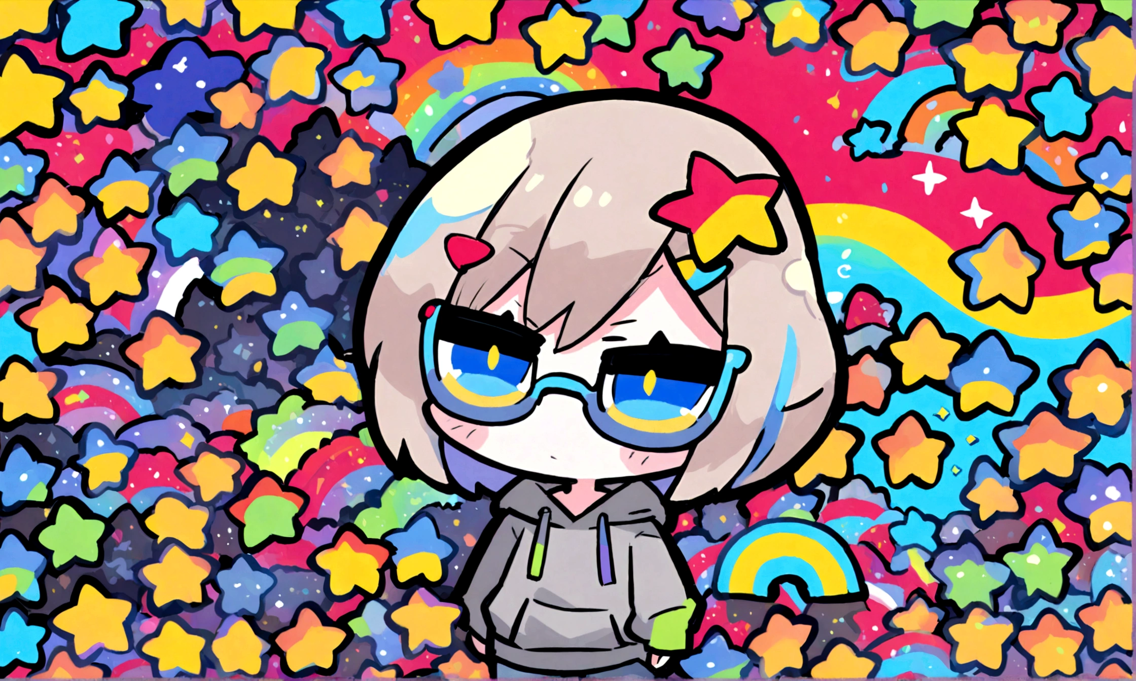 a cute chibi style adult female with light brown short hair, wearing a grey hoodie with a rainbow on it and jeans, wearing glasses, has a very colorful star laden backround with mutiple blue shades of hombre colors