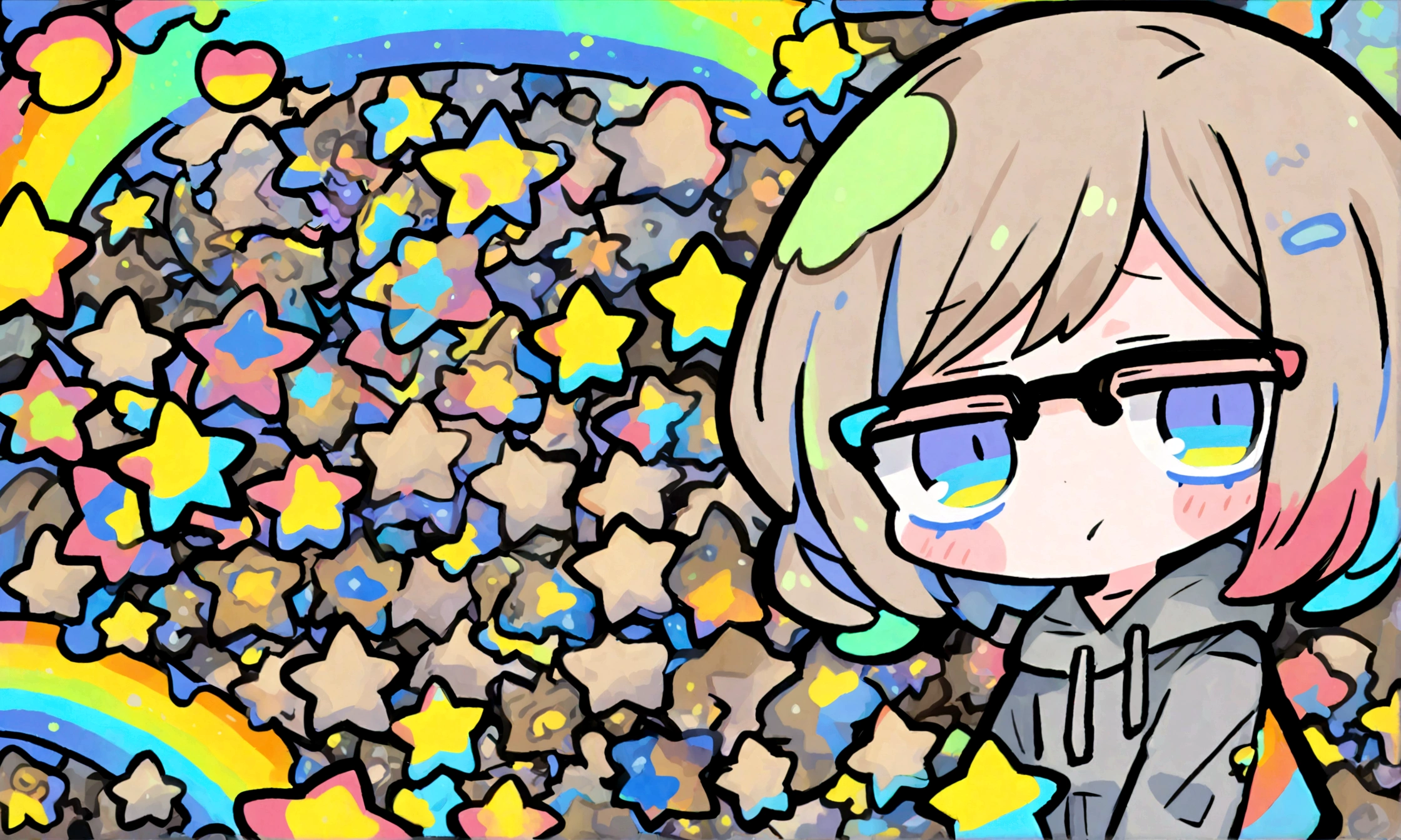 a cute chibi style adult female with light brown short hair, wearing a grey hoodie with a rainbow on it and jeans, wearing glasses, has a very colorful star laden backround with mutiple blue shades of hombre colors