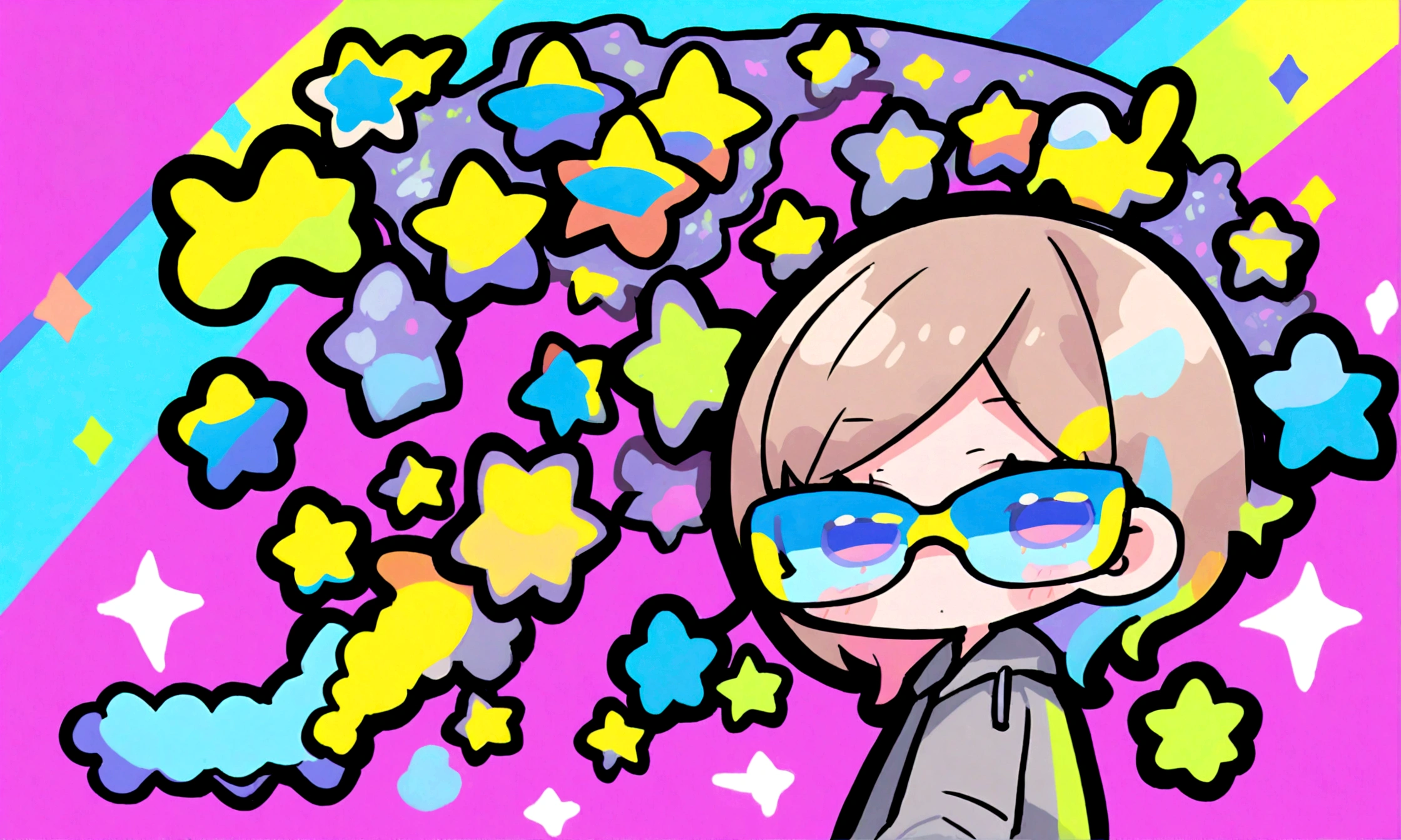 a cute chibi style adult female with light brown short hair, wearing a grey hoodie with a rainbow on it and jeans, wearing glasses, has a very colorful star laden backround with mutiple blue shades of hombre colors