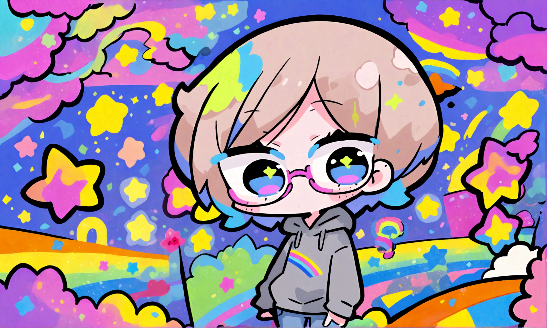 a cute chibi style adult female with light brown short hair, wearing a grey hoodie with a rainbow on it and jeans, wearing glasses, has a very colorful star laden backround with mutiple blue shades of hombre colors