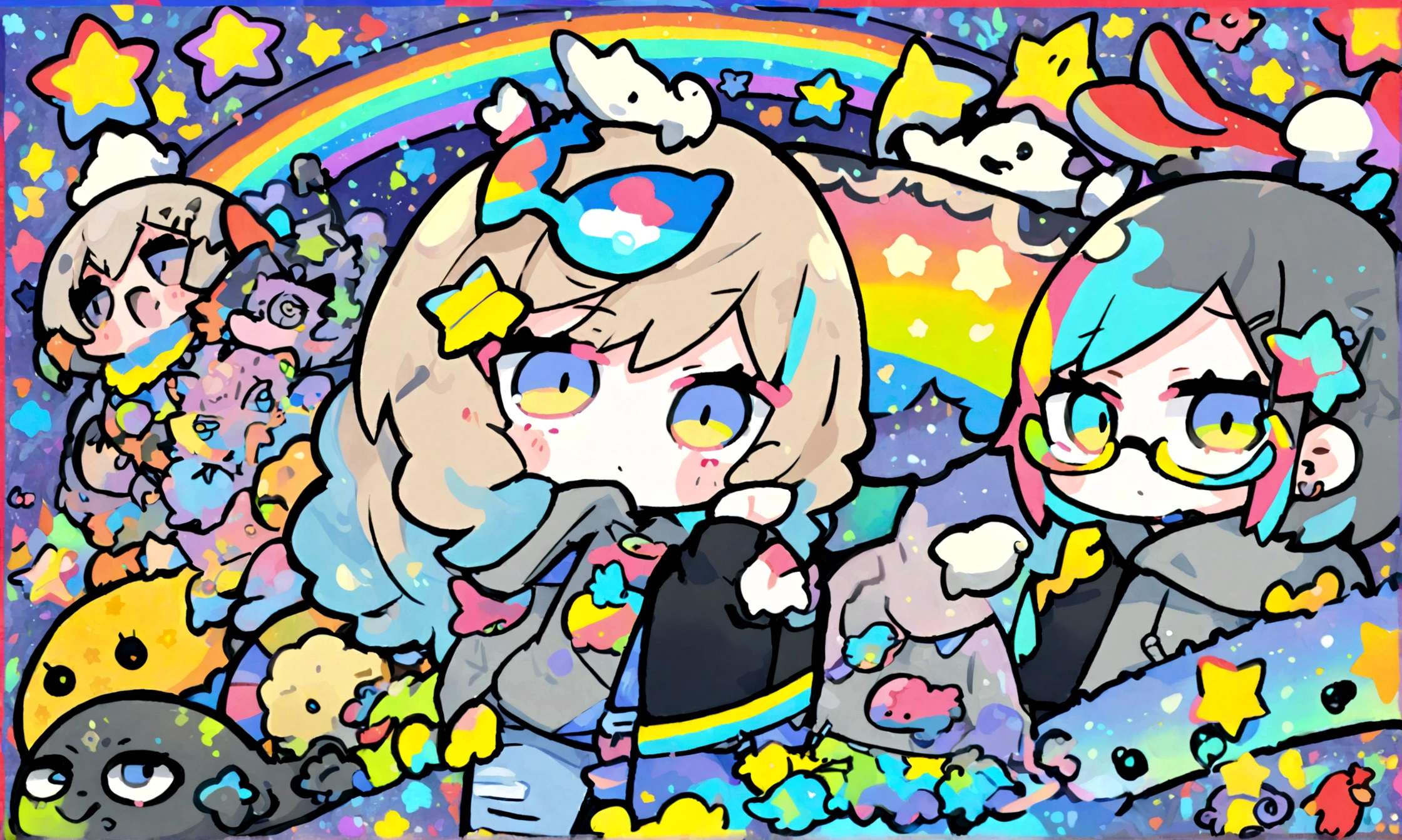 a cute chibi style adult female with light brown short hair, wearing a grey hoodie with a rainbow on it and jeans, wearing glasses, has a very colorful star laden backround with mutiple blue shades of hombre colors