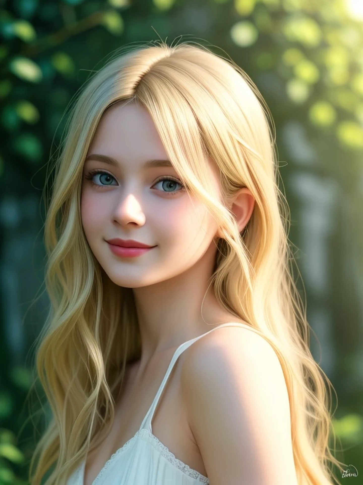 (looking away:1.4), (upper body shot:1.2), Realistic digital painting of a woman portrait, Shy, Cute Smile, blue eyes, (Wavy medium Hair:1.1), (Blonde Hair:1.3), (Highly detailed skin:1.2), Mystical style, Global Illumination,