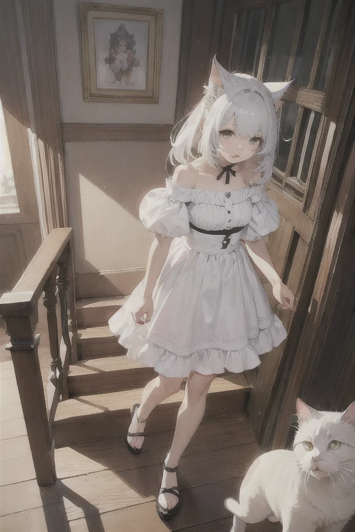 there is a woman in a white outfit standing on a stair, Final Fantasy 1 4 screenshot, Final Fantasy 14 Style, white Cat girl, FFXIV Heavensward, Final Fantasy XIV, Trending on pxiv, Final Fantasy 1 4, Final Fantasy 14 Sharp, ffxiv, Neferpitou, white ( Cat ) girl, sfw version、girl、white髮、cute、sexy、Odd Eye、The right eye is orange、Left eye is light blue、Flat corners on the sides of the face、