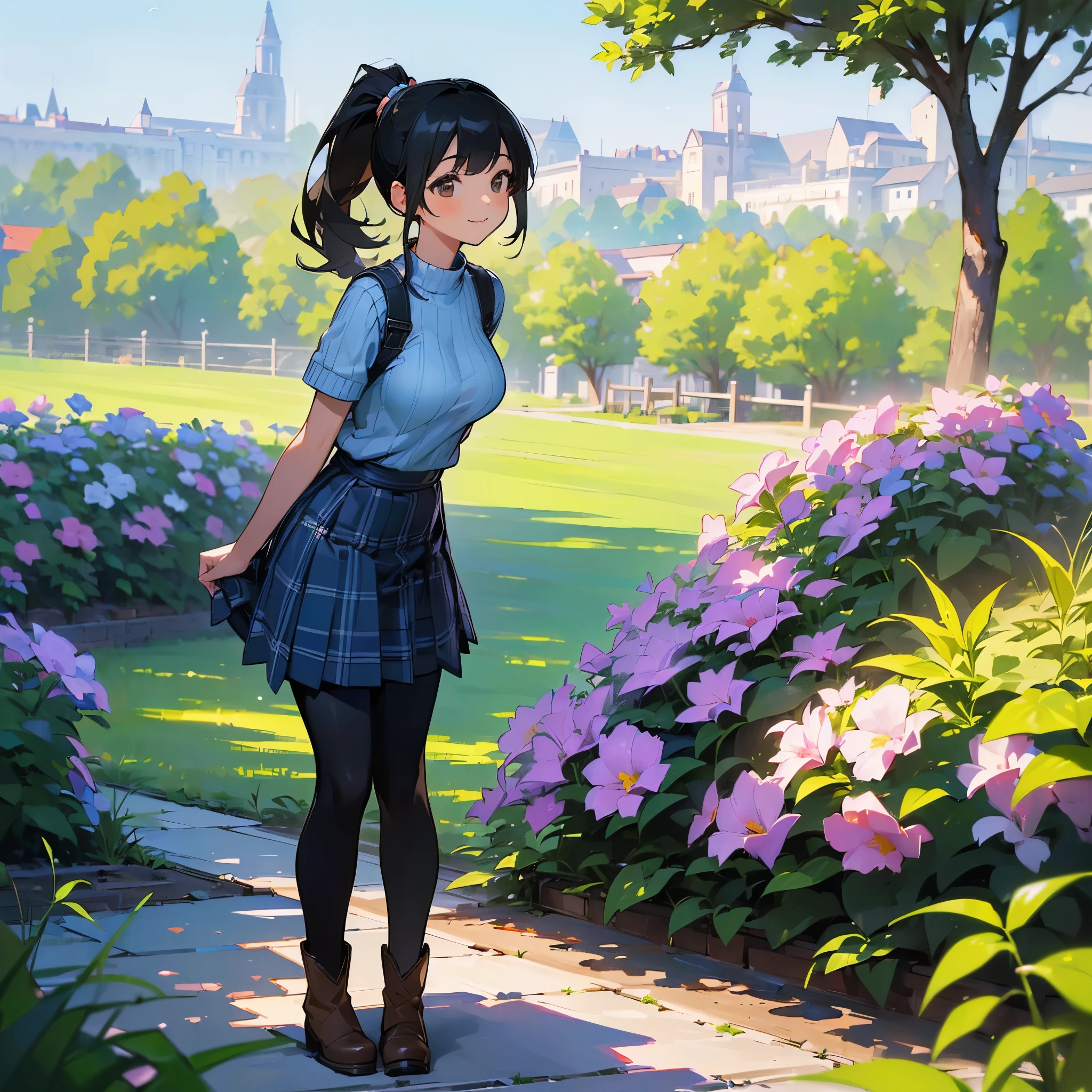 (high quality, High resolution, Very detailed, reality:1.37), Peaceful atmosphere, (Outdoor, garden), age girl standing alone, (my breasts are big.), Beautiful details, Cute Smile, (Black hair ponytail), Short sleeve ribbed sweater, Blue plaid skirt, Black tights, Brown boots.