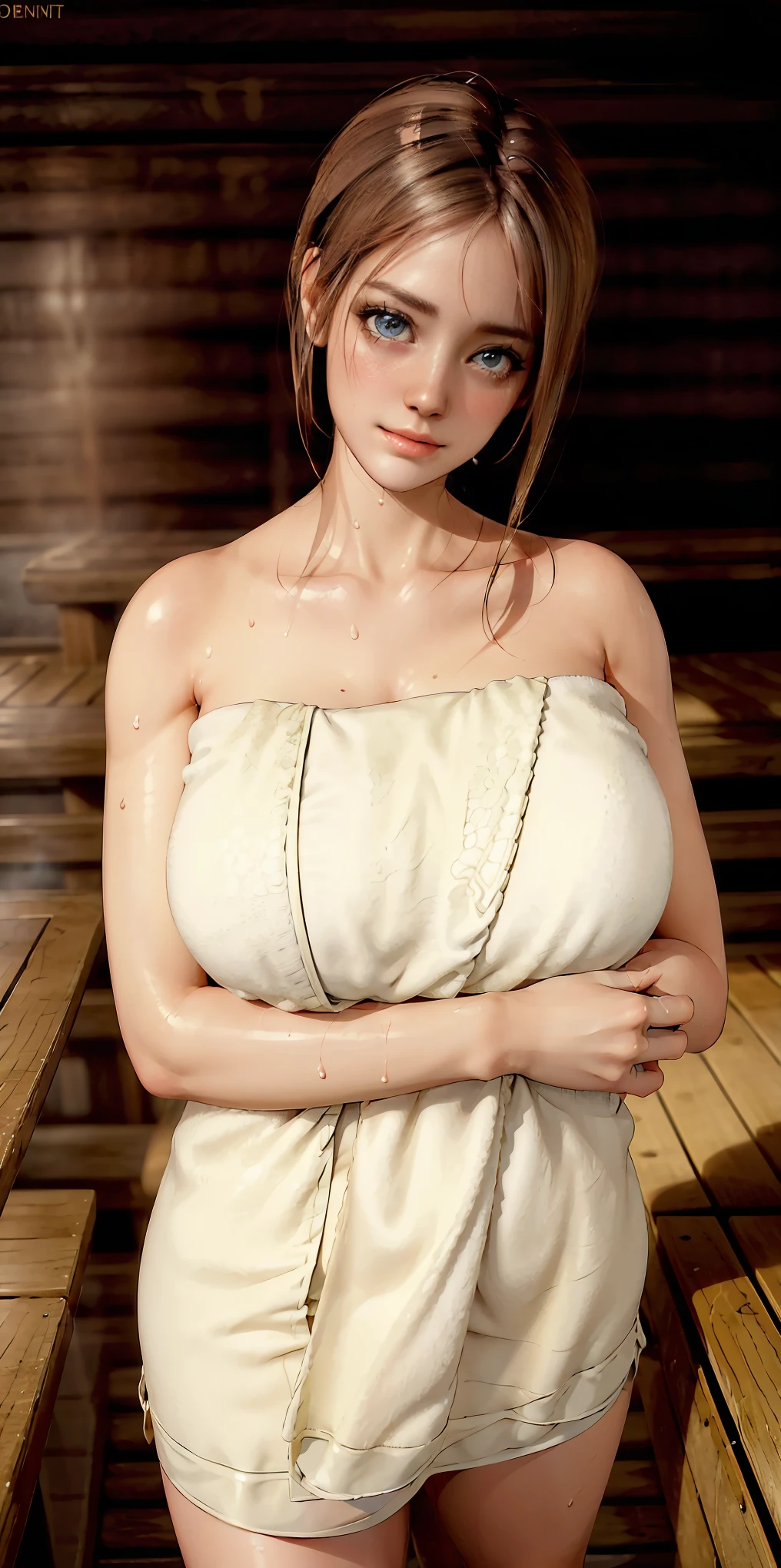 1girl, solo, standing (wearing towel, inside_sauna:1.3) (sweat) oiled, gleaming skin, shiny skin, juice BREAK (masterpiece) (specular lighting:1.3) (hyperrealistic:1.2) (photorealistic face:1.2) (perfect face) (perfect eyes) (best quality) (8k) (4k) sharp focus, octane render, best quality, extremely detailed, intricate, fantasy, soft lighting (gigantic hanging breasts) (skindentation:1.3) (chubby:1.2) (voluptuous:1.2) thick eyelashes, long eyelashes, smile, blush, oil