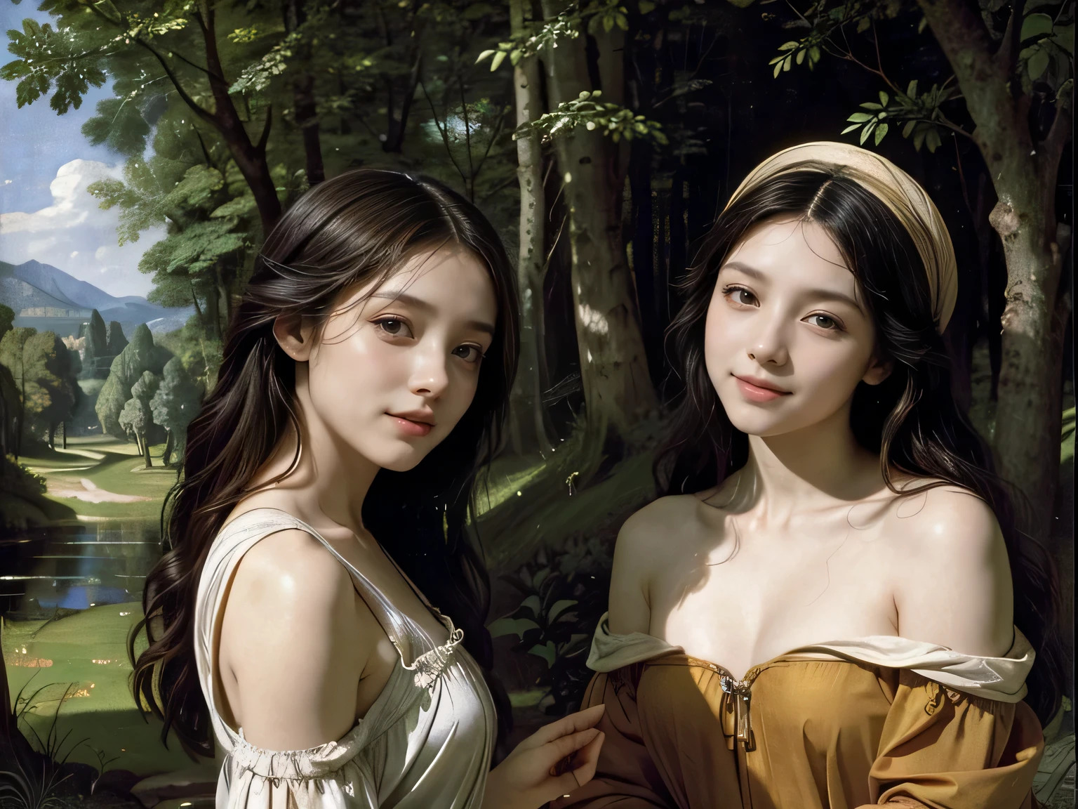 Giorgione painting style,Barbizon forest A beautiful woman in Greek dress smiles on the shore,Sweet and seductive appearance.、Caravaggio's paintings、Chiaroscuro of Caravaggio、hair tousled by the wind,Two women frolicking,cute smile, expression of ecstasy,Sexy,erotic, full body portrait