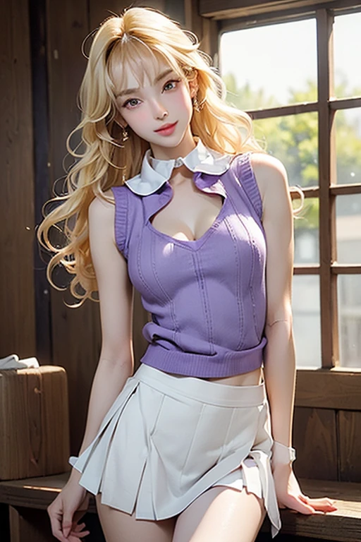(masterpiece:1.3), high resolution, Super detailed, Extremely detailed CG unified 8k wallpaper, Practical, photo-Practical, original photo, Beautiful and delicate face, Pale skin, Practical glistening skin, Fine fabric texture, Fine hair texture, Perfect body, Pretty Face, precise, Anatomically correct, Highly detailed face and skin textures, Natural neck length, (beautiful hands), (White skin:1.2), Thin legs, Slim feet,
rest,
Delicateeyes, Symmetrical eyes, Light brown eyes, Double eyelids, Thin eyebrows, (Glossy lips:1.4), (Smile gently:1.2),
rest,
(National Foundation:1.2), (An elegant and cute girl:1.3), (1 girl, A girl), ((Wearing a purple sleeveless keyhole collar mid-waist sweater:1.3)), (White Pleated Miniskirt), (boots), (wear glasses:1.1),
(Medium to large breasts, fit, Tight abdominal muscles, Firm breasts:1.2), Beautiful clavicle,
(Blonde Hair, curls, long hair:1.3), ((Asymmetrical bangs:1.2)),
rest,
((Strolling along Marunouti's office street, japan night:1.3)), (from the side:1.2), (Side-viewing observer:1.2), ((focus on face:1.2)), (full-body shot:1.2),,(Huge breasts:1.2),Moist skin