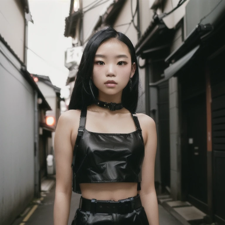 there is a woman standing in a alley with a black top, portrait of a japanese teen, young asian girl, she is wearing streetwear, asian girl, wearing japanese techwear, photograph of a techwear woman, black hime cut hair, a young asian woman, portrait of jossi of blackpink, of a youthful japanese girl, wearing cyberpunk streetwear