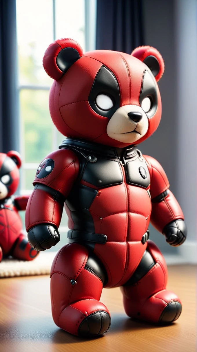 DeadpoolStyle Teddy Bear, 24 mm, (mock, Movie, Film Grain:1.3), Bokeh, (masterpiece:1.3) (best quality:1.2) (high quality:1.1)