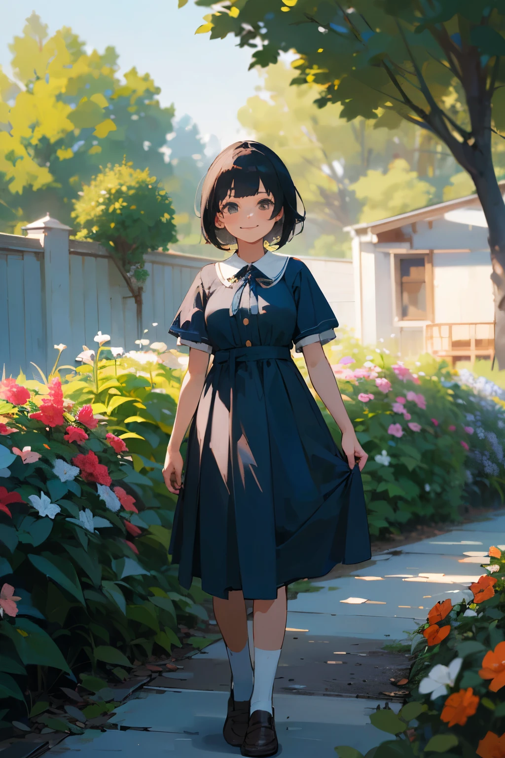 (high quality, High resolution, Very detailed, reality:1.37), Peaceful atmosphere, (Outdoor, garden), age girl standing alone, (my breasts are big.), Beautiful details, Cute Smile, (Black bob hair), Blue short-sleeved dress, White socks, loafers.