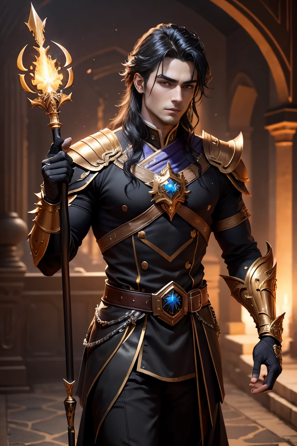 8K,Photorealsitic, Raw photography, top-quality;1.4) ,　(One adult male),　Super handsome without a beard,　(Lifelike face),　long blue-black hair,　Handsome prince with glowing purple eyes,　Black and silver aristocratic exterior,　Black and gold trousers,　Golden decoration,　glares,　holding a staff,　Wearing black leather gloves,　Ruins,　Gwaitz style,　realisitic,　Precise details,　unrealengine,　Beautiful expression,　Details of each part,　A red fireball glows in the palm(effect),　超A high resolution,　A hyper-realistic,　attractive male,　Foot Armor,　real looking skin,　Fantasy Emperor,　Handsome man without a beard