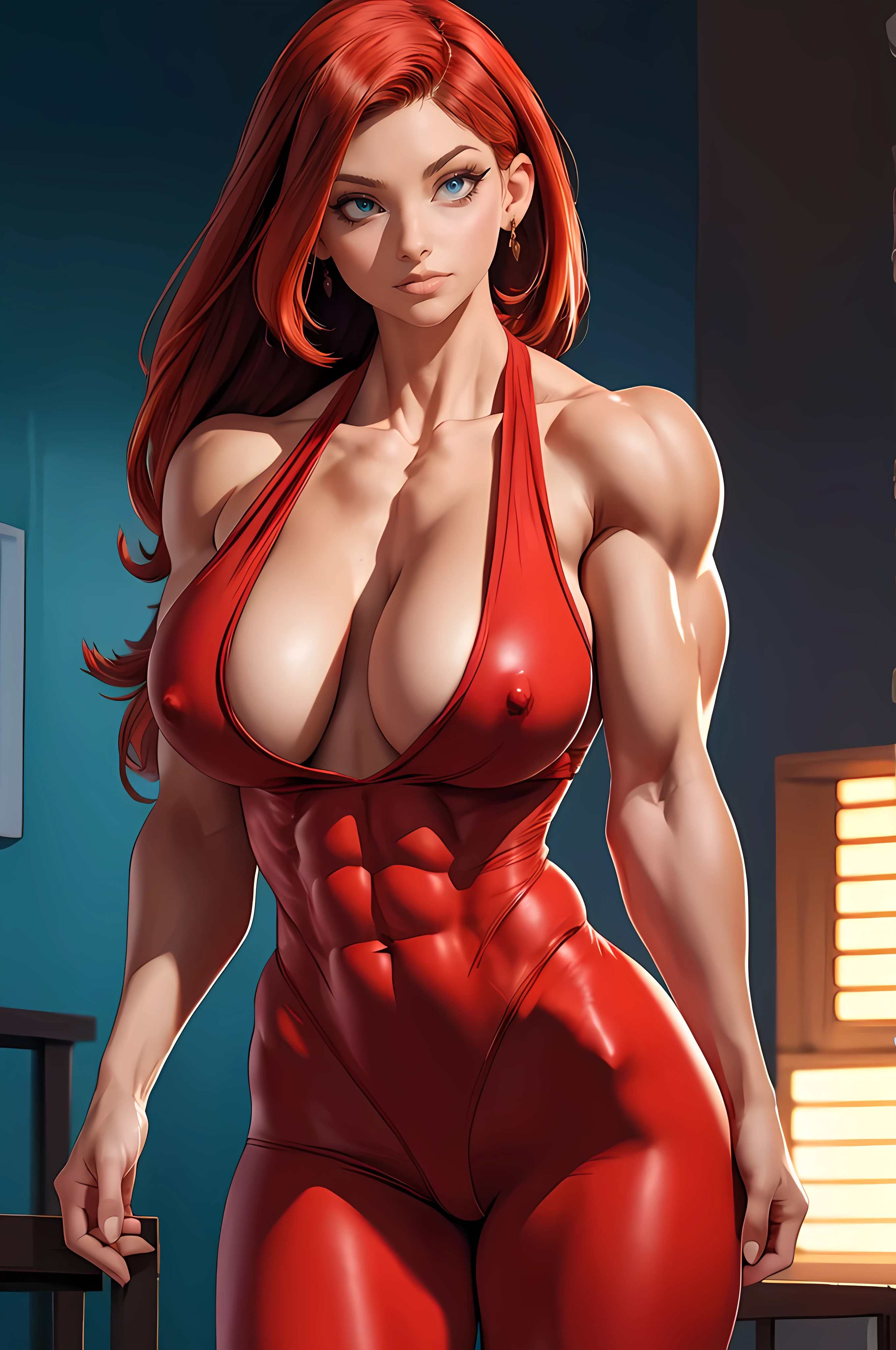 a giant woman in a busted and ripped red bodysuit, (((massive female bodybuilder))), massive breasts, bright red hair, Emma Watson inspired face, seductive girl, oppai, badass anime 8 k, oppai, extremely detailed artgerm, beautiful alluring anime woman, best anime 4k konachan wallpaper, anime cover, 4k anime wallpaper, anime style 4 k