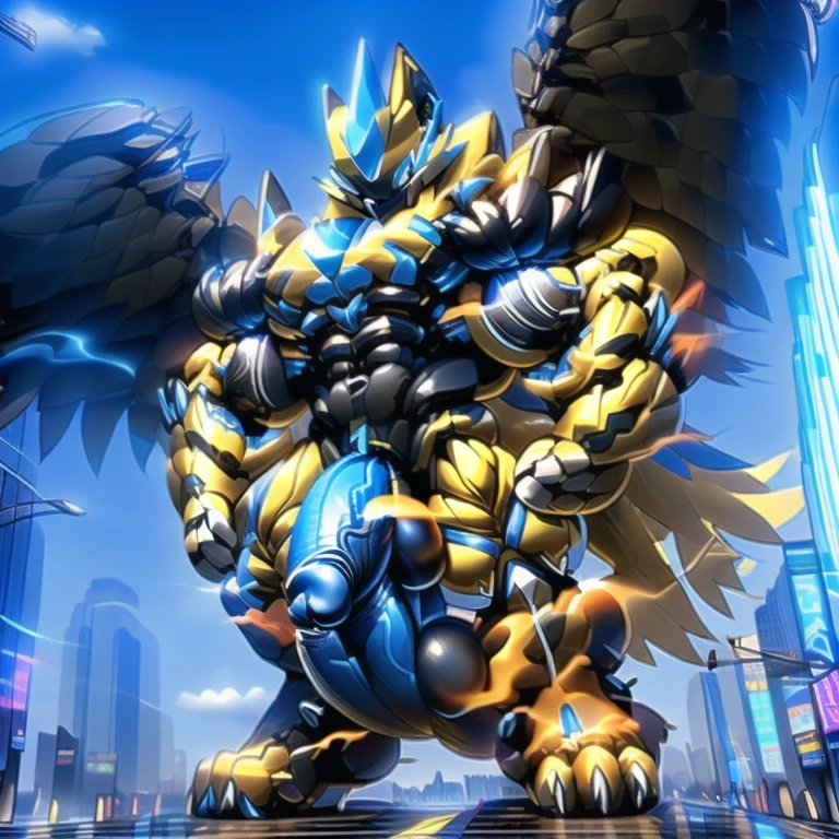 (masterpiece. official art. 8k. best quality. detailed full body. full body.)
(situation 1 : dominating zeraora. Zeraora is over 1000 meters long. giant mechanical Muscular Zeraora is trampling the city. Looking down. macro. stomp. Low-angle perspective. emphasizing the immense size.)
(situation 2 :smoke and flames rising from the destruction in the city)
(Additional details 1: wearing a full-face helmet. high-tech bio-mecha armor. real texture material. whole body shines like metal. Wearing cyberpunk mecha. emphasizes the muscles. suit fully made of metal. intricate armor. Robotic suit. suit fully made of metal. cyborg. Powered exoskeleton with the same design as Zeraora).
(Additional details 2: (gigantic muscles. HYPER MUSCLES. Gigachad Muscular. big muscle. pecs. triceps. traps. unusually developed muscular body. body full of huge muscles. showing off muscles. pectorales enormes. Exaggeratedly huge muscles.).
(Additional details 3: Spread wings. It has wings. have big wings. golden wings).
(Additional details 4: black color hyper penis. hyper black penis. big penis)