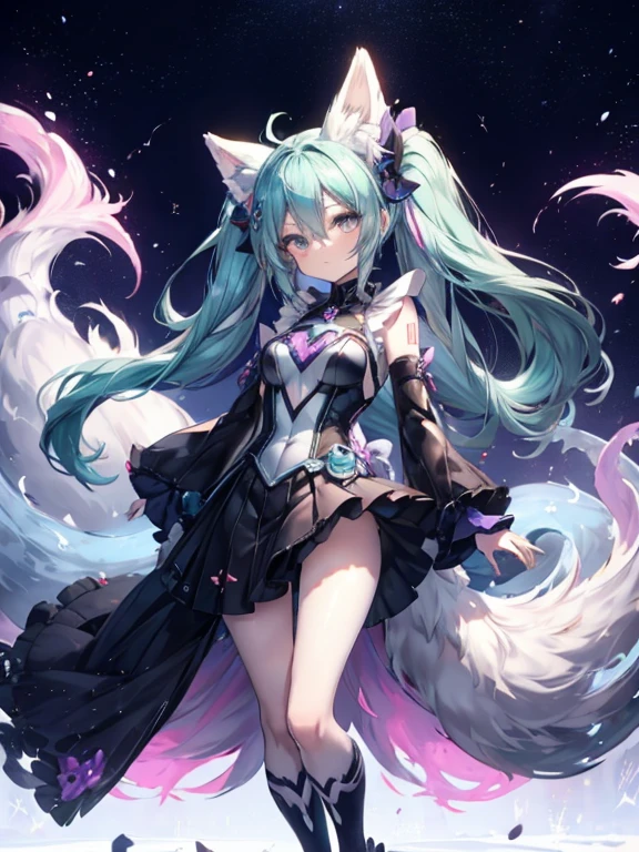 Hatsume miku x suicune , kitsune ears, art by dark natasha, jardin zen, art by dark natasha, art by vixen aztra, cuerpo completo, platas hermosas, cintura delgado, caderas amploas, piernas torneadas, hermosa, fullbody picture, recostada en una cama, mirada coqueta al expectador, standing ((upper leg coquetamente)), HD face