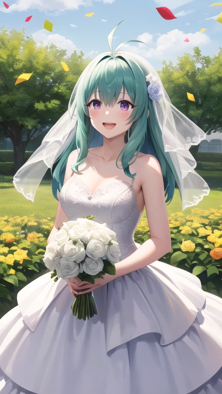 masterpiece, best quality, highres, Run Elsie Jewelria, solo, long hair, antenna hair, purple eyes, wedding dress, white dress, standing, cowboy shot, holding bouquet, smile, open mouth, confetti, garden,