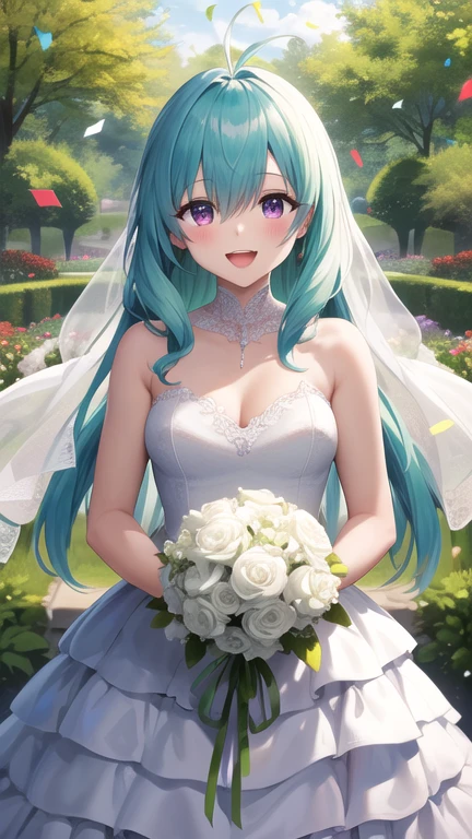 masterpiece, best quality, highres, Run Elsie Jewelria, solo, long hair, antenna hair, purple eyes, wedding dress, white dress, standing, cowboy shot, holding bouquet, smile, open mouth, confetti, garden,