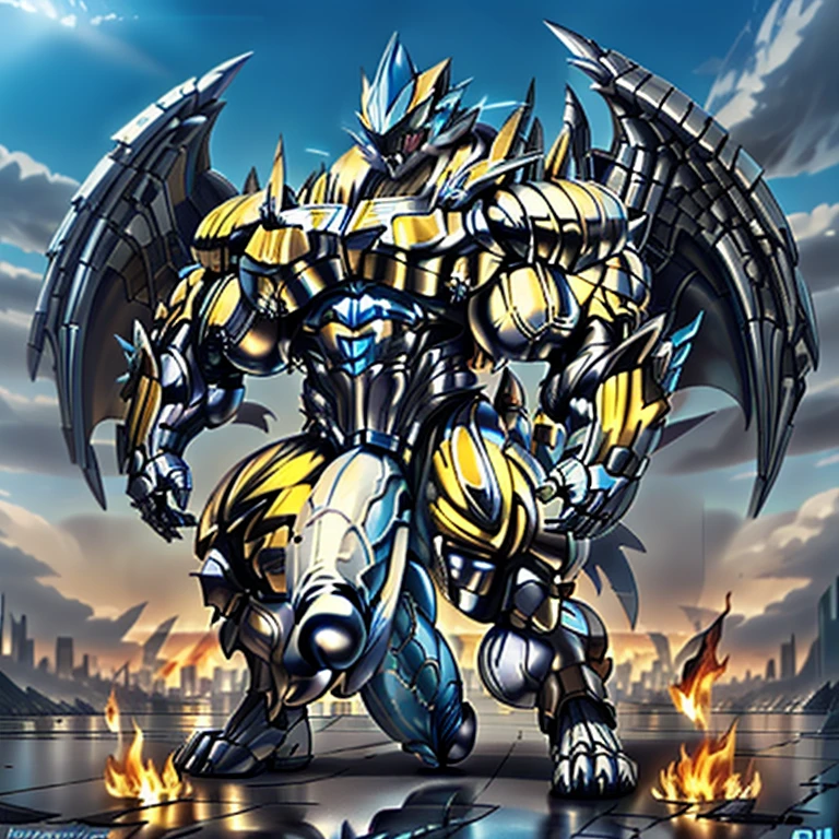 (masterpiece. official art. 8k. best quality. detailed full body. full body.)

(situation 1 : dominating zeraora. Zeraora is over 1000 meters long. giant mechanical Muscular Zeraora is trampling the city. Looking down. macro. stomp. Low-angle perspective. emphasizing the immense size.)

(situation 2 :smoke and flames rising from the destruction in the city)

(Additional details 1: wearing a full-face helmet. high-tech bio-mecha armor. real texture material. whole body shines like metal. Wearing cyberpunk mecha. emphasizes the muscles. suit fully made of metal. intricate armor. Robotic suit. suit fully made of metal. cyborg. Powered exoskeleton with the same design as Zeraora).

(Additional details 2: (gigantic muscles. HYPER MUSCLES. Gigachad Muscular. big muscle. pecs. triceps. traps. unusually developed muscular body. body full of huge muscles. showing off muscles. pectorales enormes. Exaggeratedly huge muscles.).

(Additional details 3: Spread wings. It has wings. have big wings. golden wings).

(Additional details 4: black color hyper penis. hyper black penis. big penis)