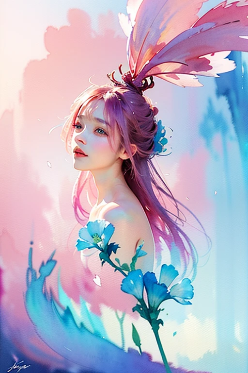 1girl,flower, Lisianthus ,in the style of light pink and light azure, dreamy and romantic compositions, pale pink, ethereal foliage, playful arrangements,fantasy, high contrast, ink strokes, explosions, over exposure, purple and red tone impression , abstract, ((watercolor painting by John Berkey and Jeremy Mann )) brush strokes, negative space,