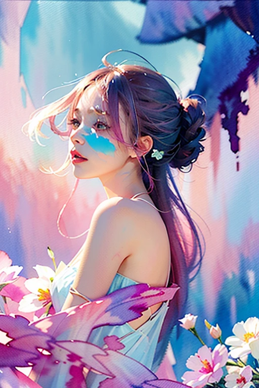 1girl,flower, Lisianthus ,in the style of light pink and light azure, dreamy and romantic compositions, pale pink, ethereal foliage, playful arrangements,fantasy, high contrast, ink strokes, explosions, over exposure, purple and red tone impression , abstract, ((watercolor painting by John Berkey and Jeremy Mann )) brush strokes, negative space,