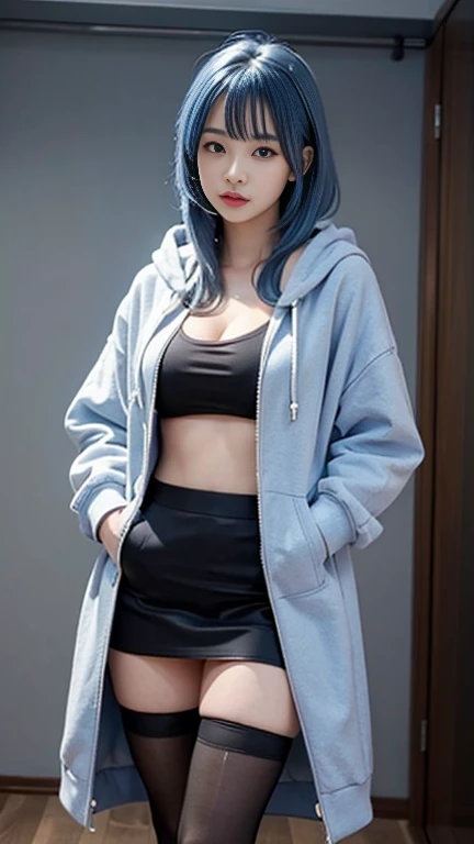 Streamer, beautiful girl, blue hair, huge breasts, wearing a bare-chested hoodie coat, wearing a short skirt, wearing stockings, sexy post, in the stream room.