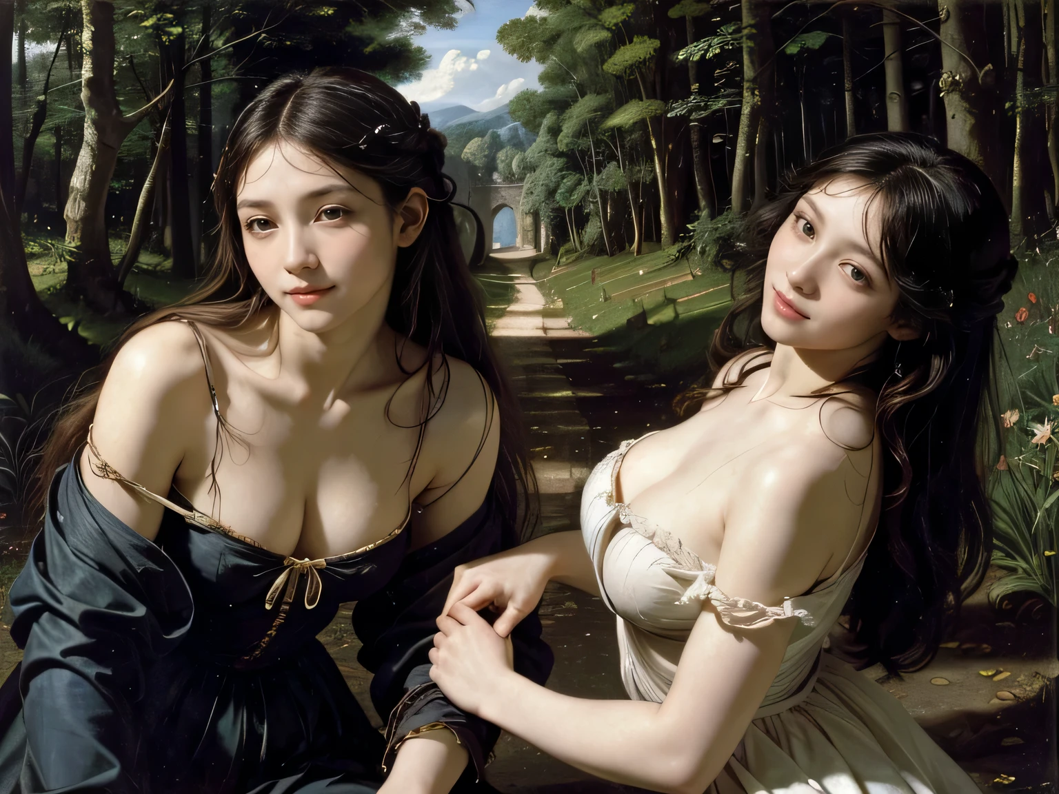 Giorgione painting style,Barbizon forest A beautiful woman in Greek dress smiles on the shore,Sweet and seductive appearance.、Caravaggio's paintings、Chiaroscuro of Caravaggio、hair tousled by the wind,Two women frolicking,cute smile, expression of ecstasy,Sexy,erotic, full body portrait